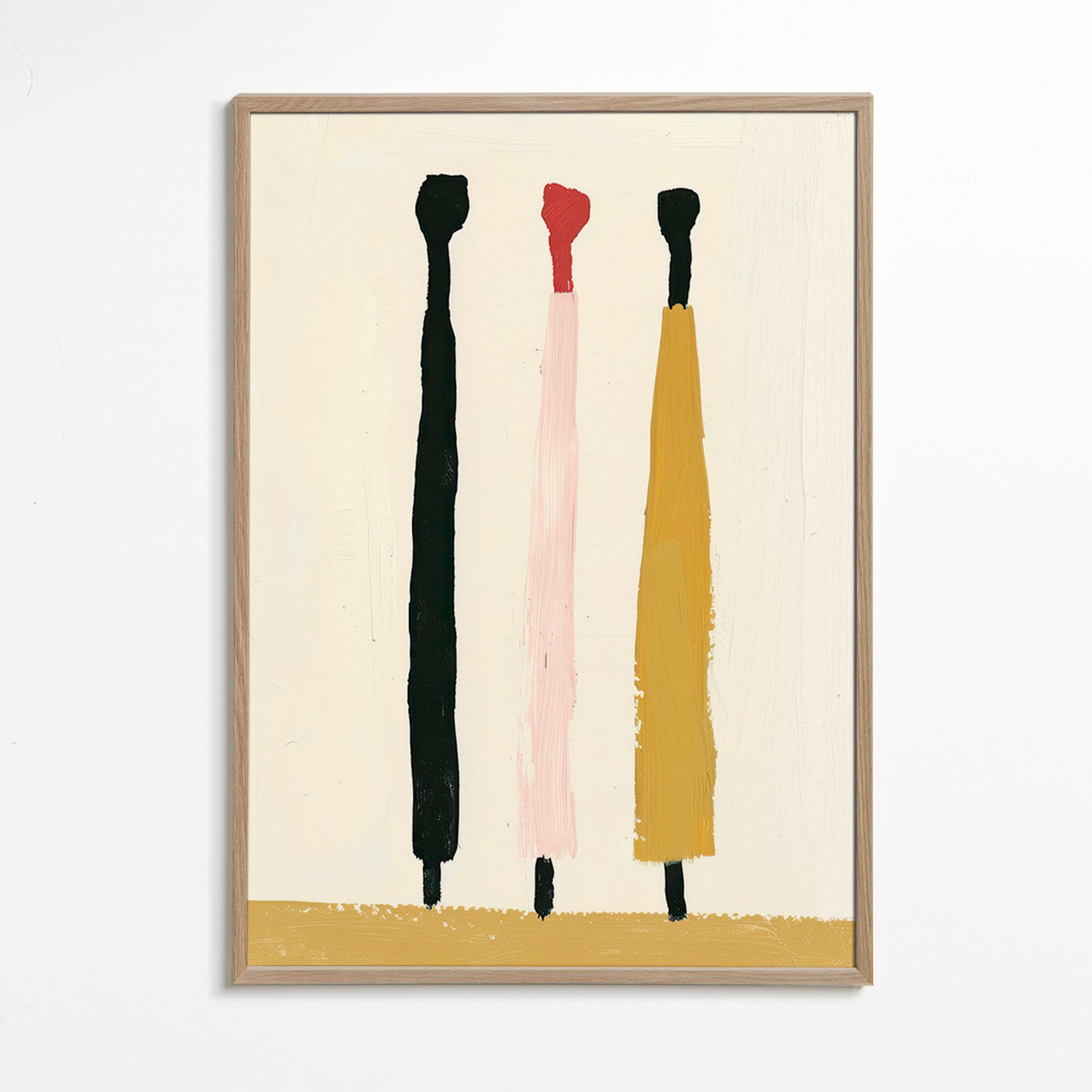 Quadro abstrato com três pinceladas verticais – Oak Frame