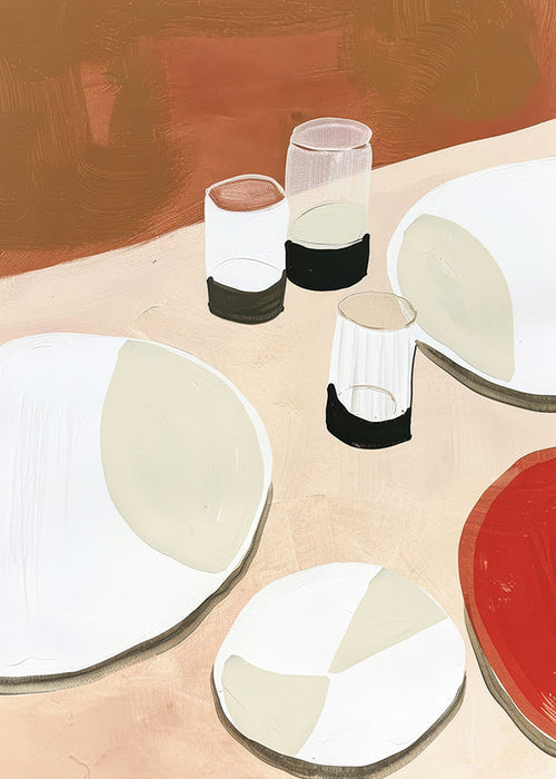 Arte para cozinha minimal com pratos e copos