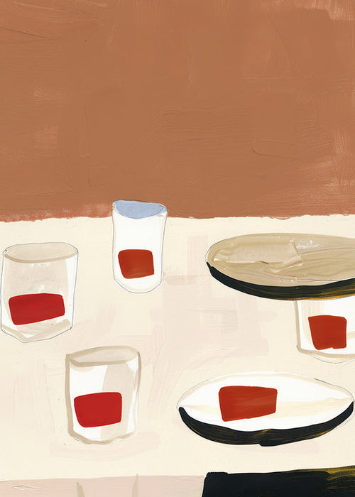 Arte para cozinha com copos e pratos