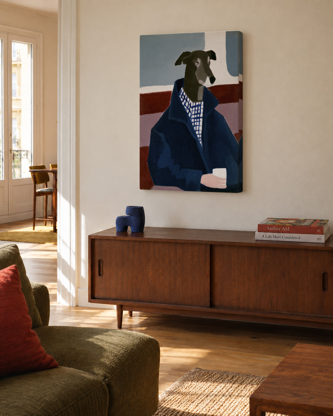 Greyhound in Blue - Unframed canvas in an interior