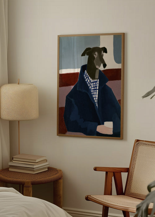Greyhound in Blue - Framed poster in an interior