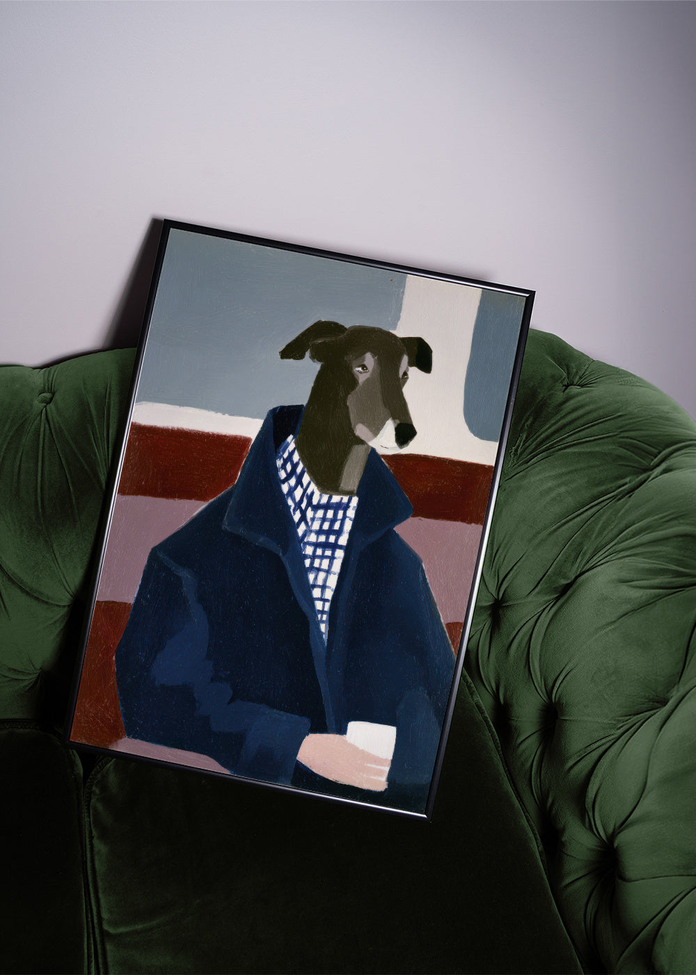 Greyhound in Blue - Framed poster in an interior