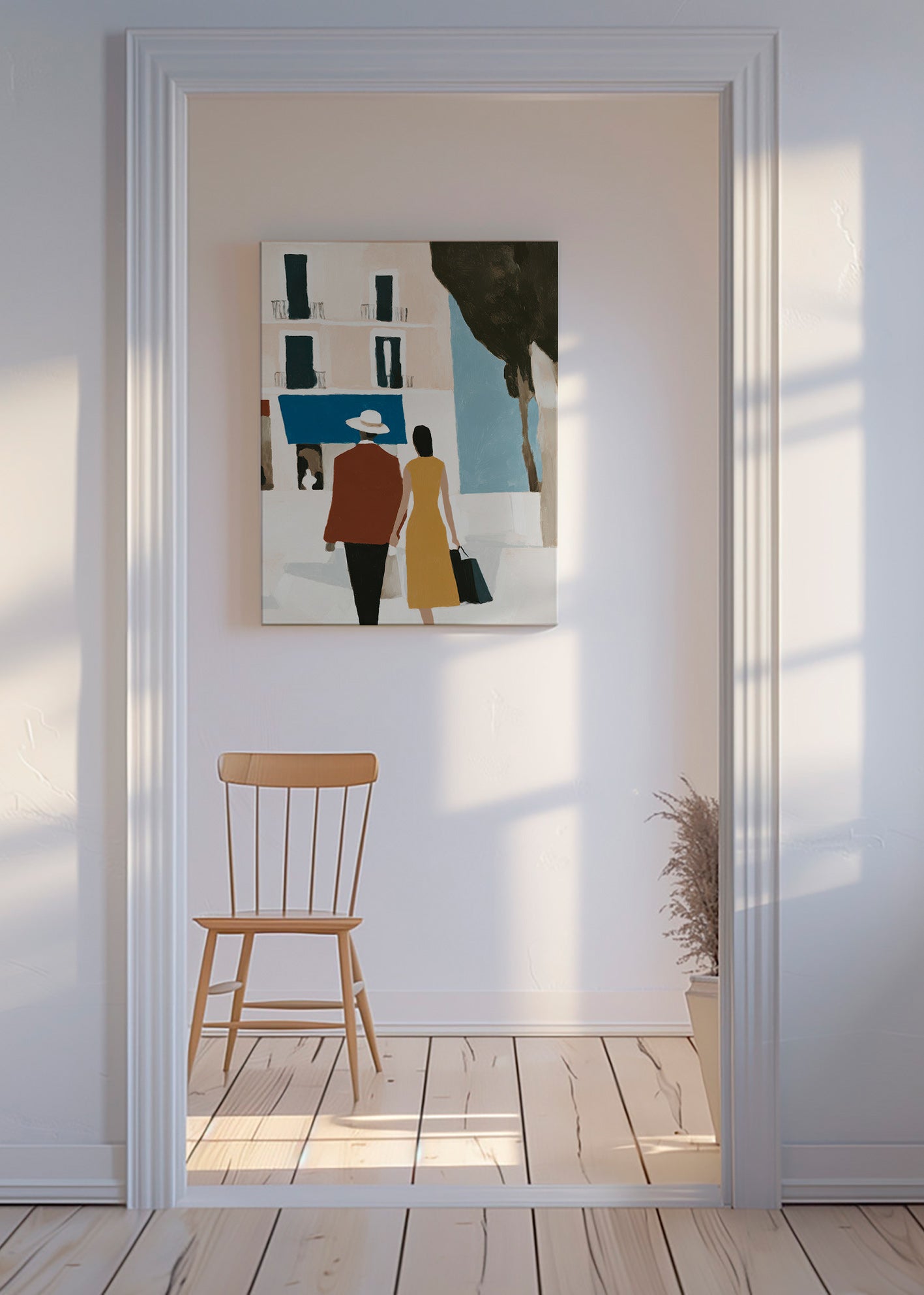 Ilustração de casal em fachada minimalista – Canvas