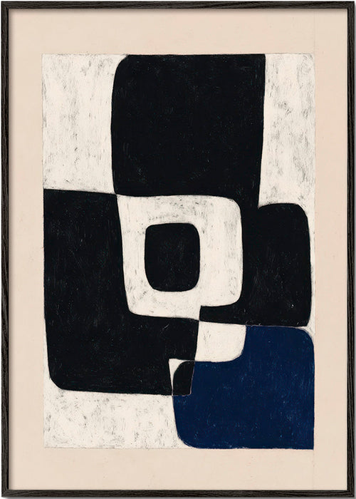 Quadro abstrato com blocos negros e acento azul – Black Frame