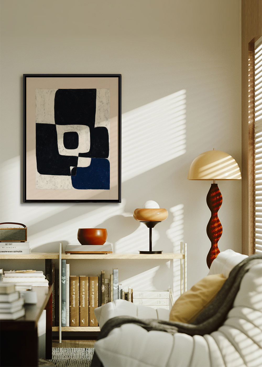 Cuadro abstracto con bloques negros y acento azul – Canvas2