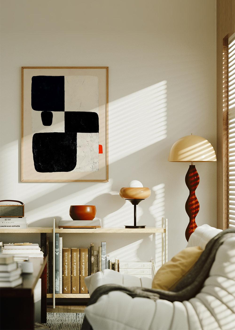 Poster geométrico com blocos pretos e destaque vermelho – Product2