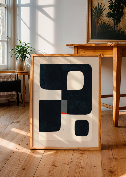 Quadro geométrico com blocos pretos e detalhe vermelho – Product1