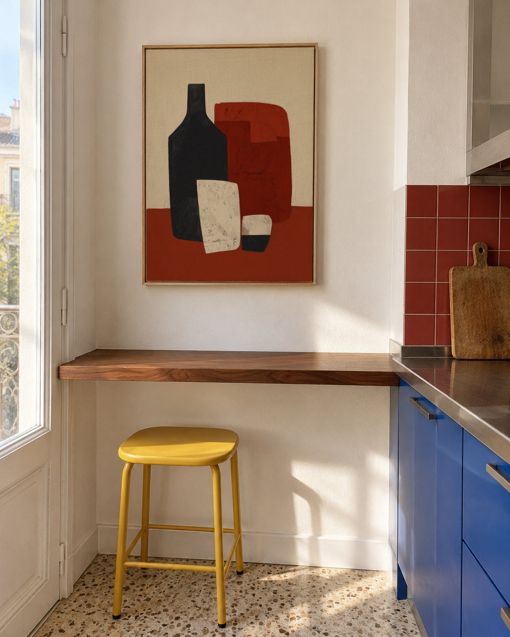 Red Wine Geometry - Framed canvas in an interior