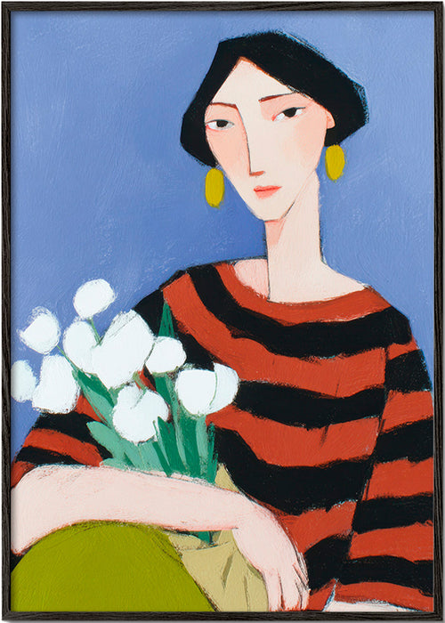 Ilustração de mulher com tulipas brancas – Black Frame