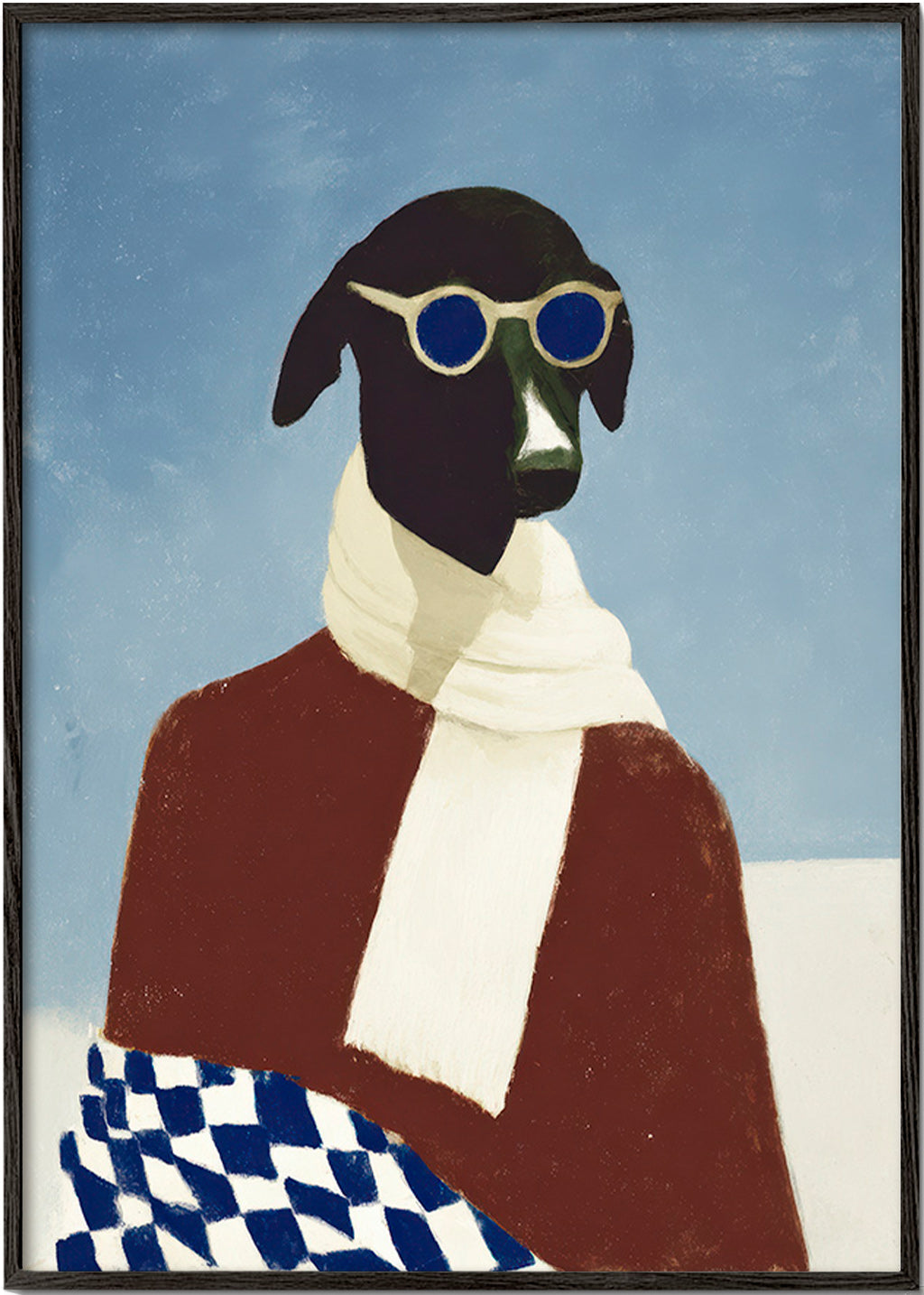 Quadro cão com cachecol de inverno – Black Frame