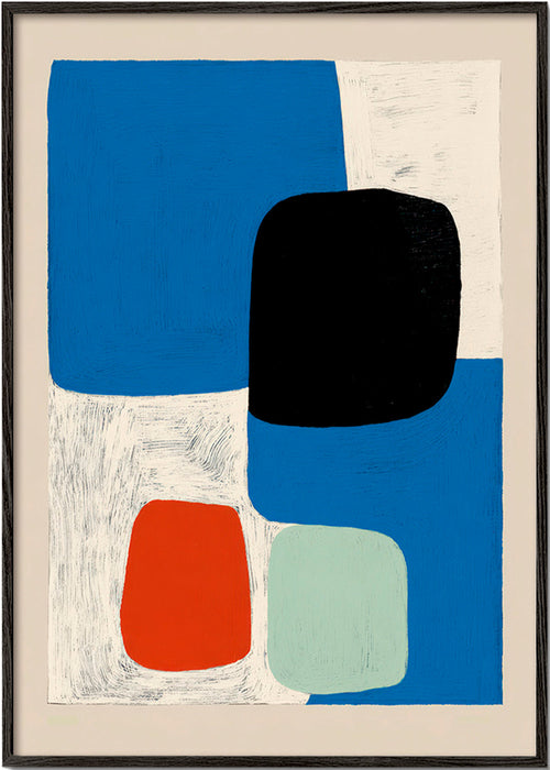 Obra abstrata com formas azuis e bloco preto – Black Frame