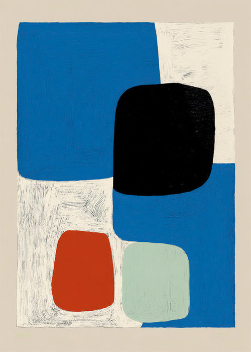 Obra abstrata com formas azuis e bloco preto