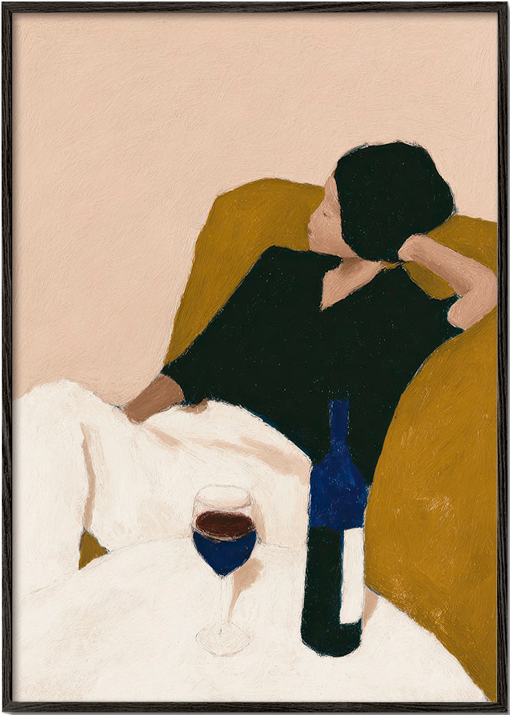 Arte para cozinha com garrafa de vinho e poltrona mostarda – Black Frame