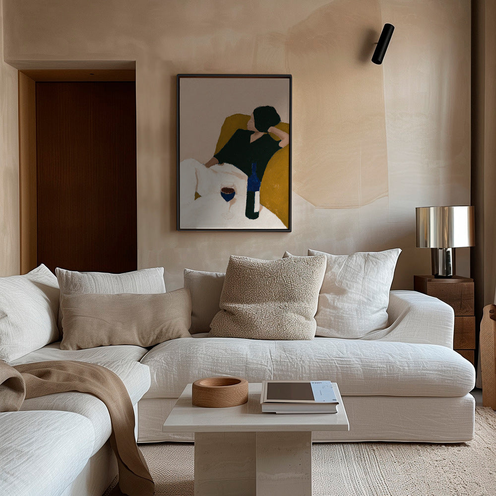 Arte para cozinha com garrafa de vinho e poltrona mostarda – Canvas1