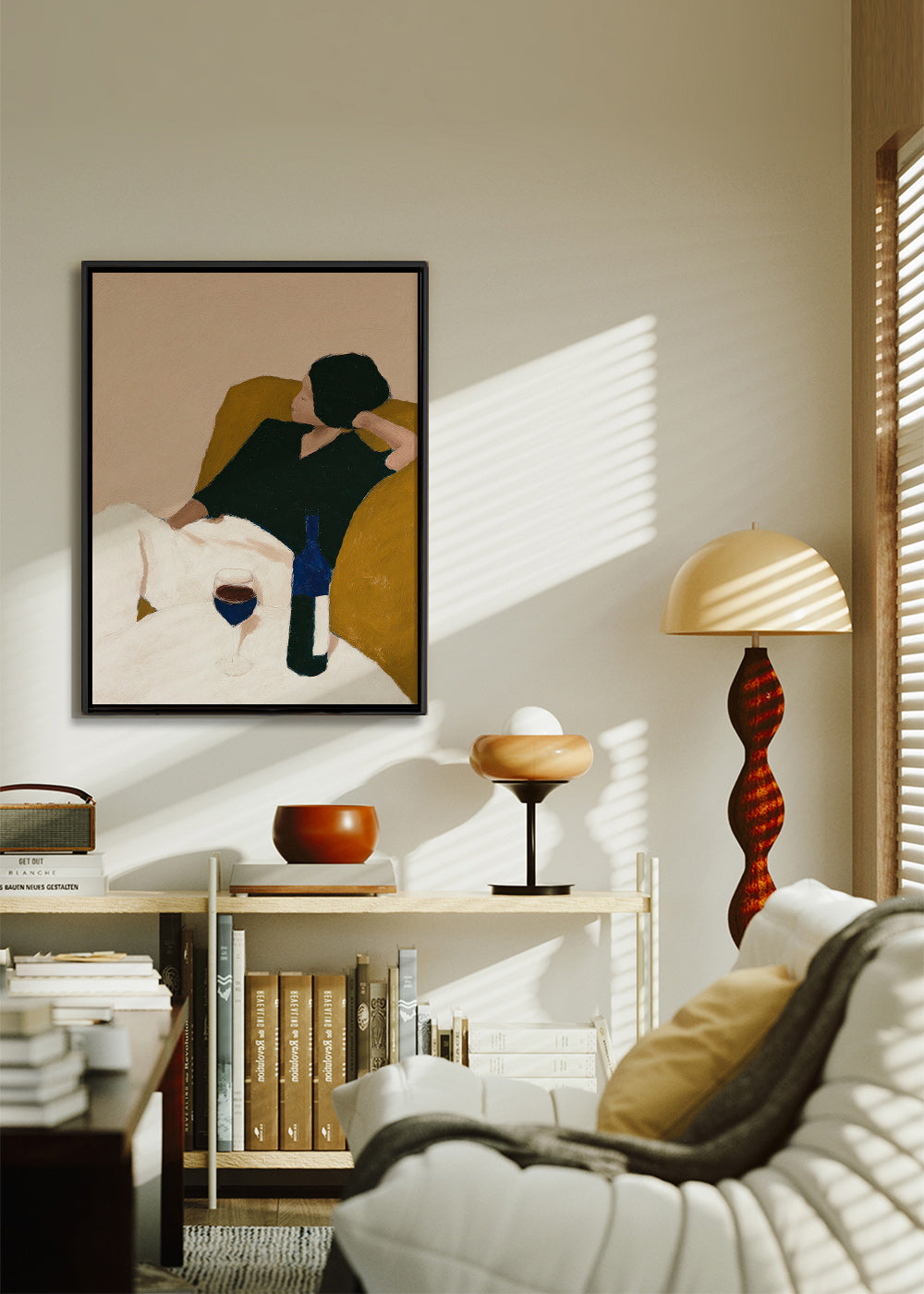Arte para cozinha com garrafa de vinho e poltrona mostarda – Canvas2