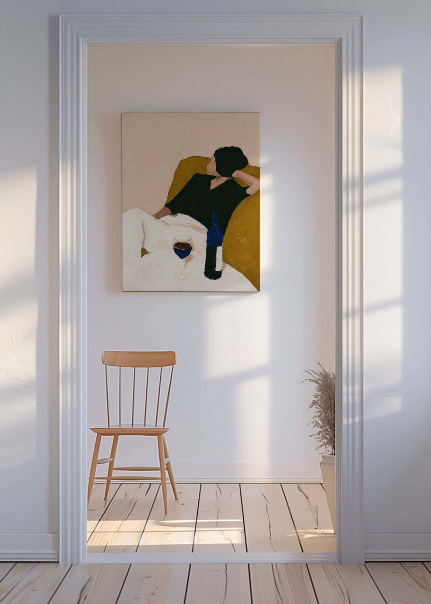 Arte para cozinha com garrafa de vinho e poltrona mostarda – Canvas