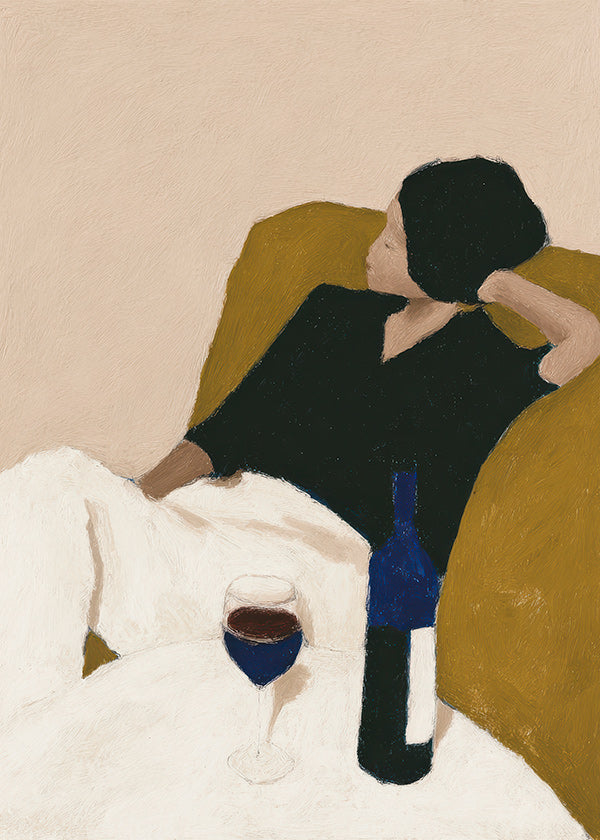 Arte para cozinha com garrafa de vinho e poltrona mostarda