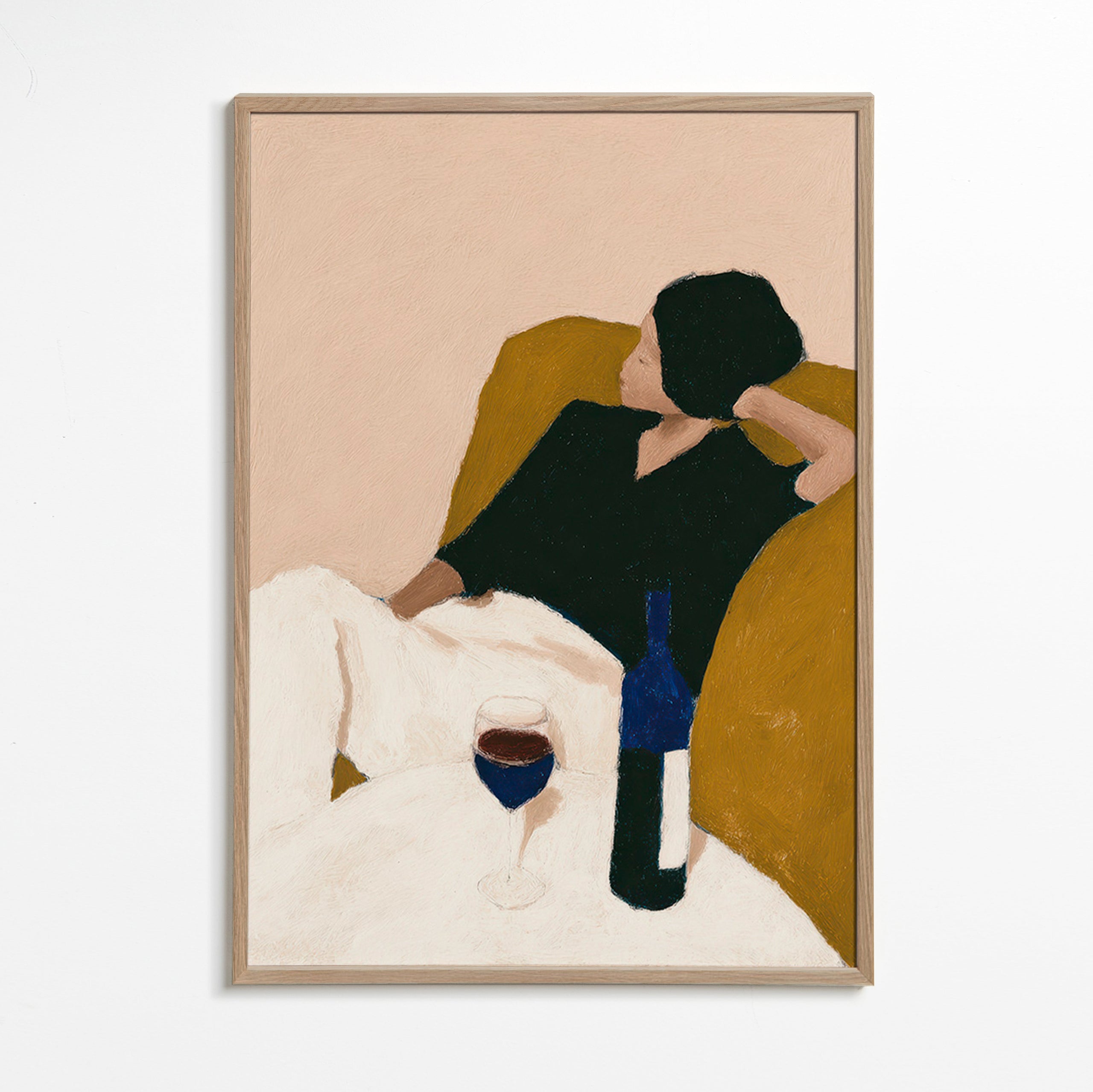Arte para cozinha com garrafa de vinho e poltrona mostarda – Oak Frame