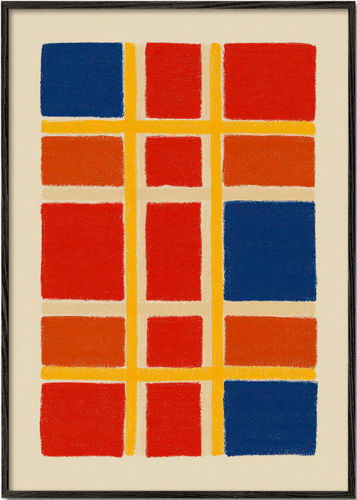Quadro geométrico grelha com blocos vermelhos e azuis – Black Frame