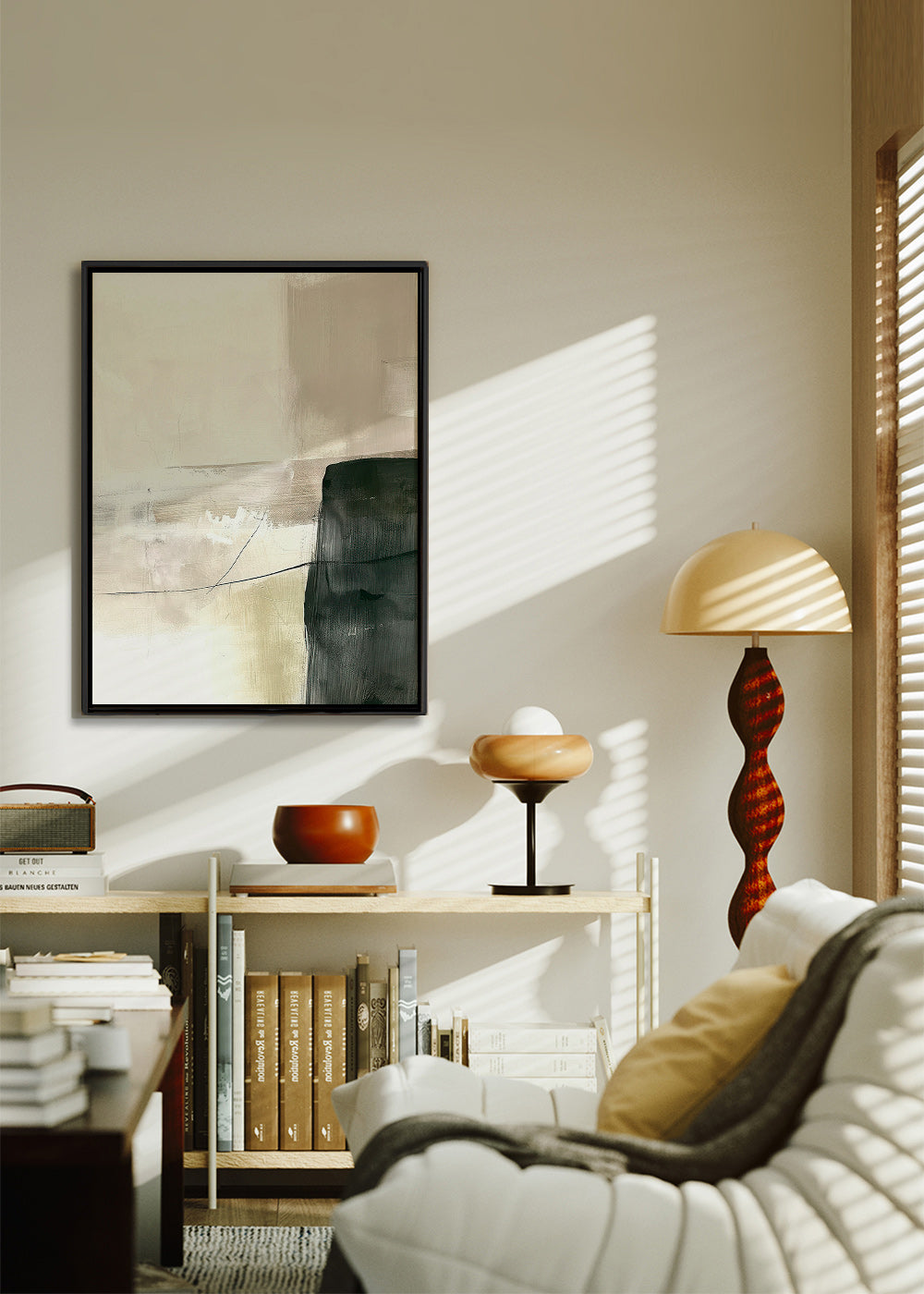 Obra abstrata vertical com bloco escuro – Canvas1