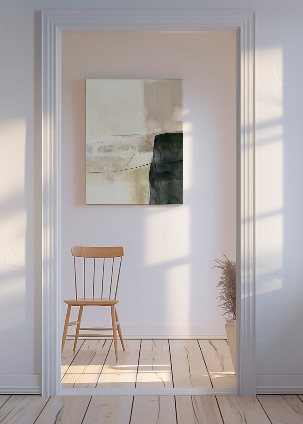 Obra abstrata vertical com bloco escuro – Canvas