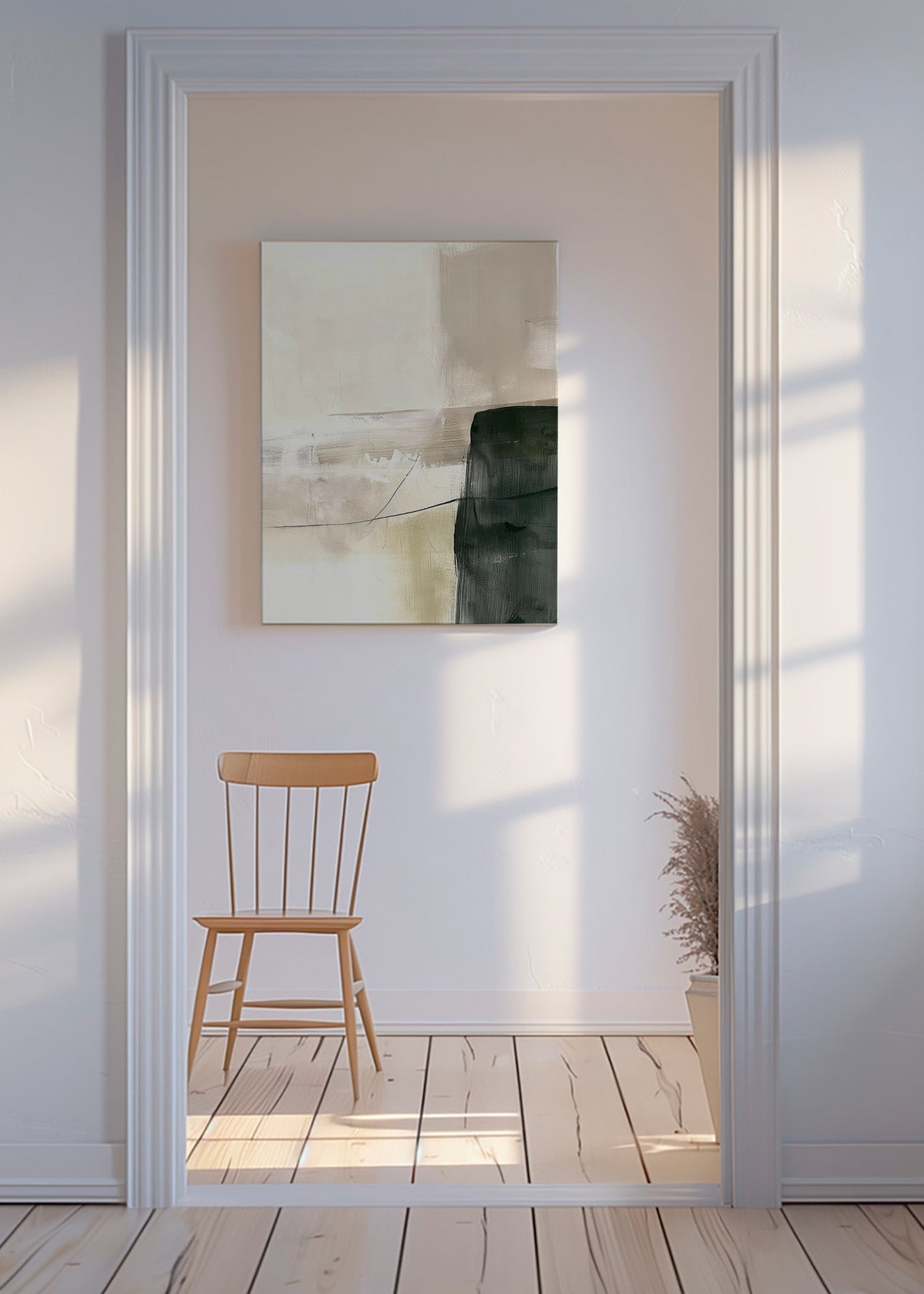 Obra abstrata vertical com bloco escuro – Canvas