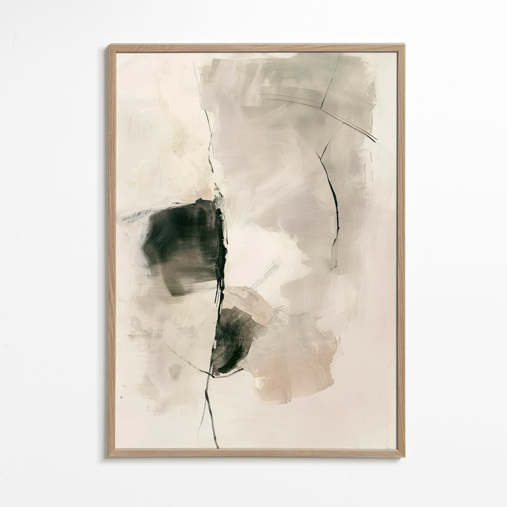 Cuadro abstracto de trazos neutros y manchas verticales – Oak Frame