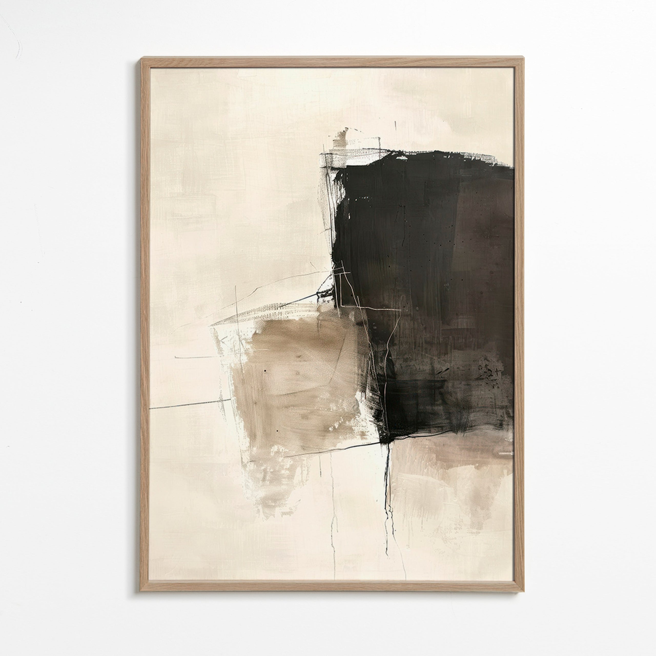 Obra abstrata com contraste escuro e areias – Oak Frame