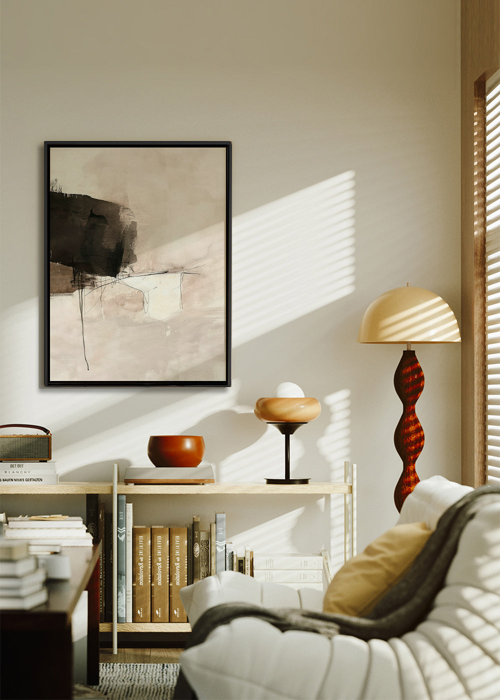 Arte abstrata com mancha negra e linhas sutis – Canvas1