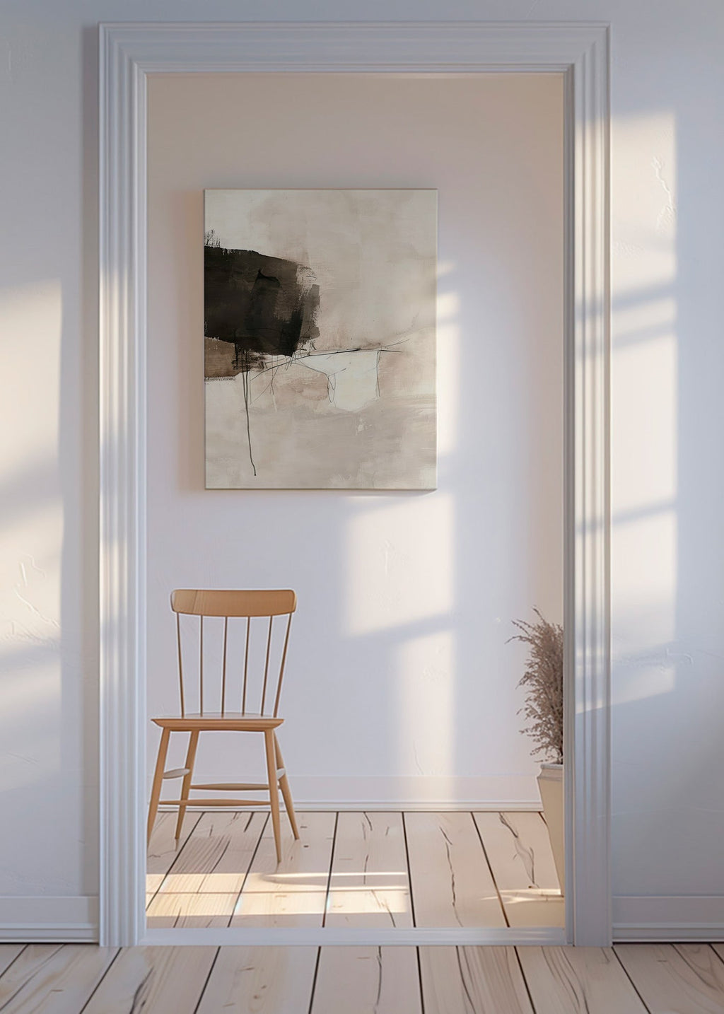 Arte abstrata com mancha negra e linhas sutis – Canvas