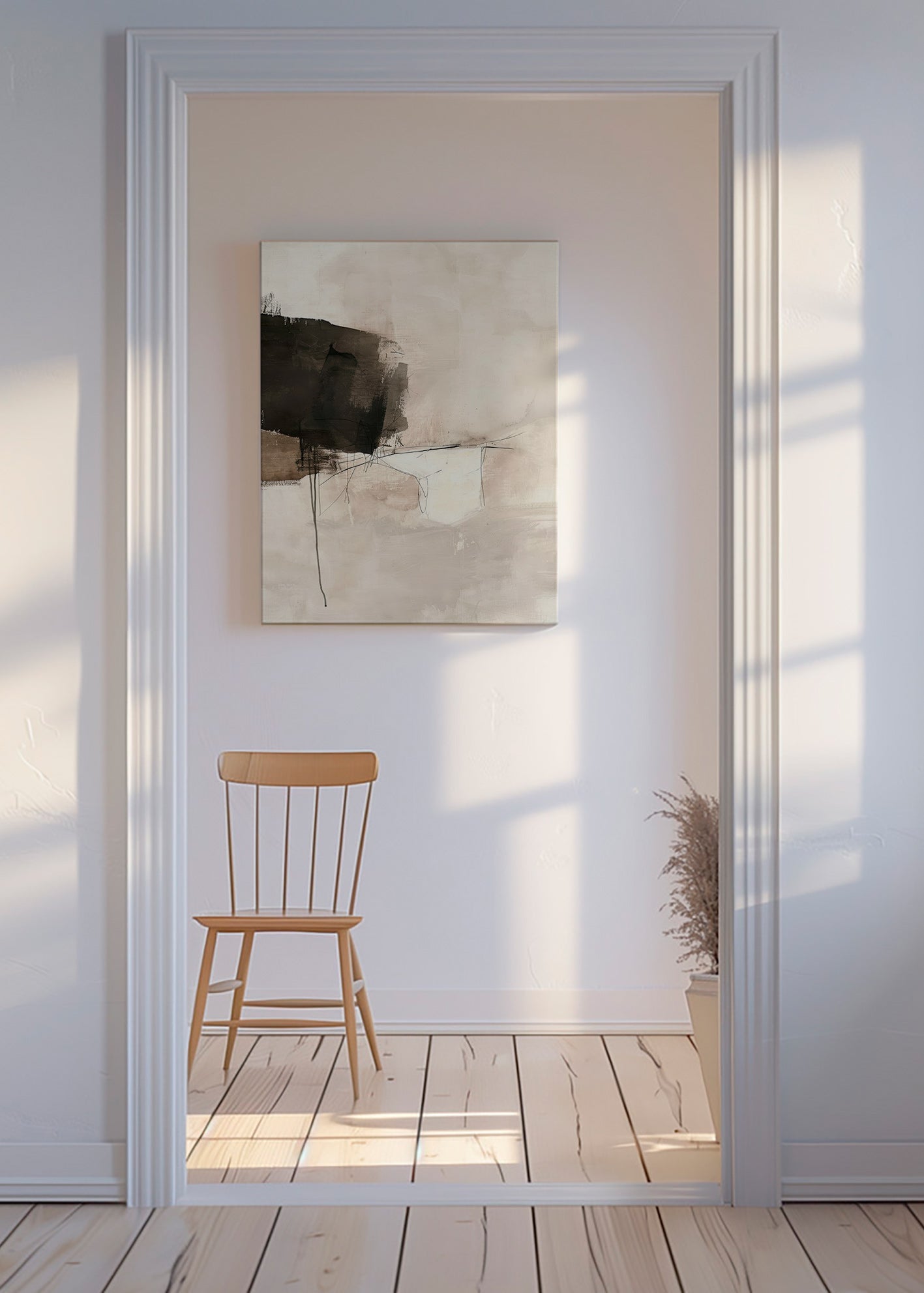 Arte abstrata com mancha negra e linhas sutis – Canvas