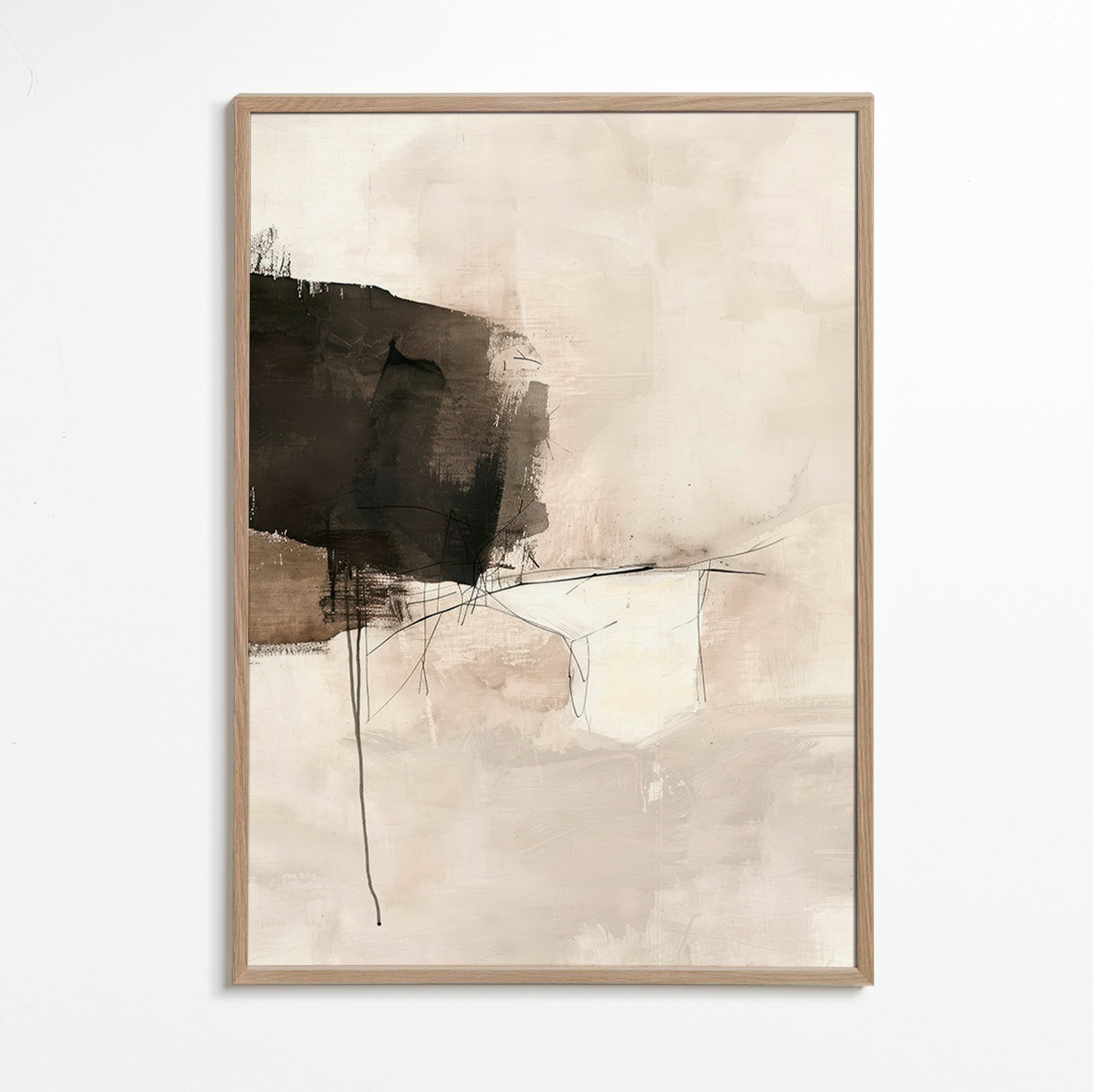 Arte abstrata com mancha negra e linhas sutis – Oak Frame