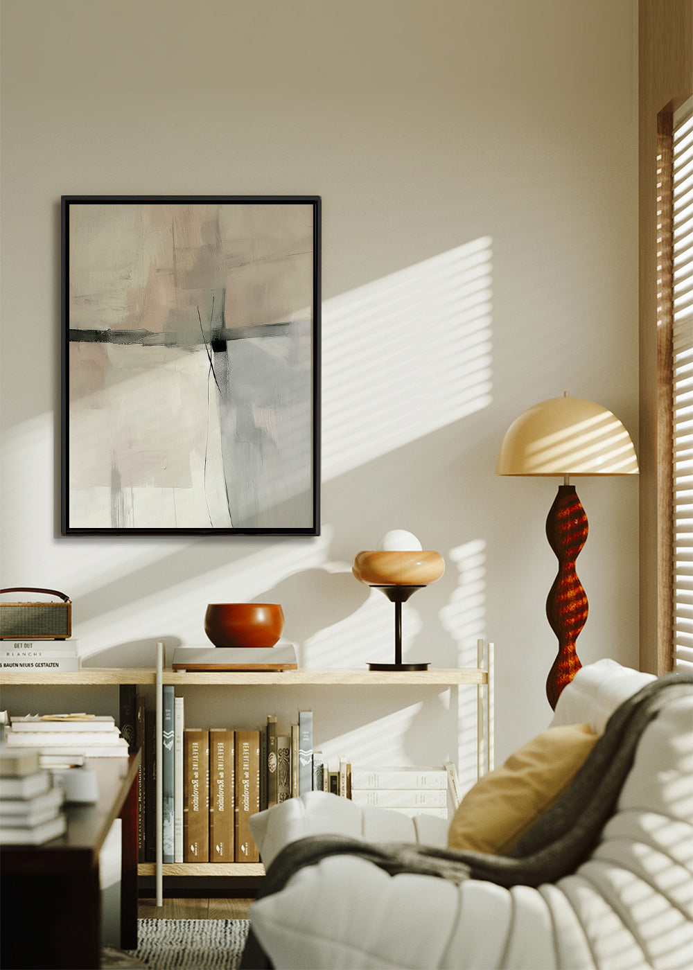 Quadro abstrato com linhas subtis e planos cinzentos – Canvas2