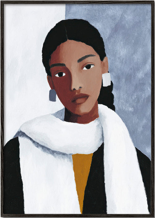 Ilustração retrato feminino com echarpe branca – Black Frame