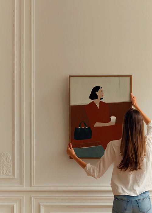 Arte para cozinha: mulher com café e bolsa – Product1