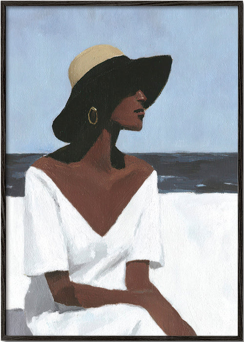 Quadro de paisagem com mulher e chapéu – Black Frame