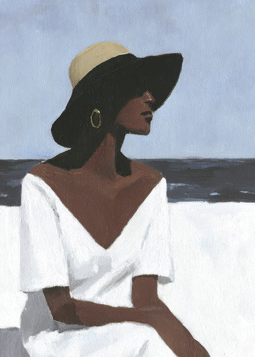 Quadro de paisagem com mulher e chapéu