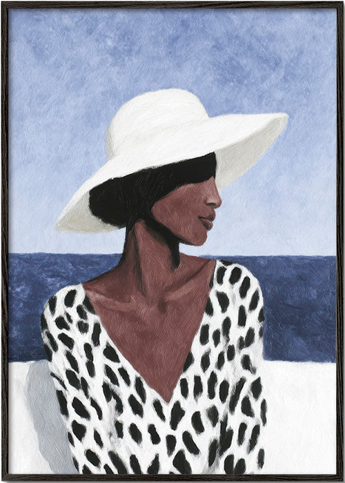 Ilustração de mulher com chapéu à beira-mar – Black Frame