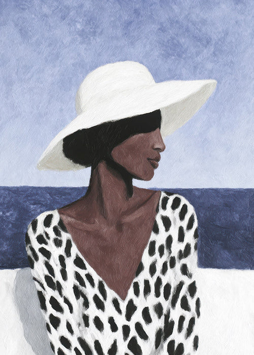 Ilustração de mulher com chapéu à beira-mar