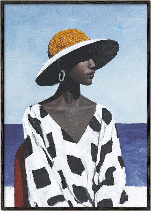 Quadro retrato feminino com chapéu junto ao mar – Black Frame