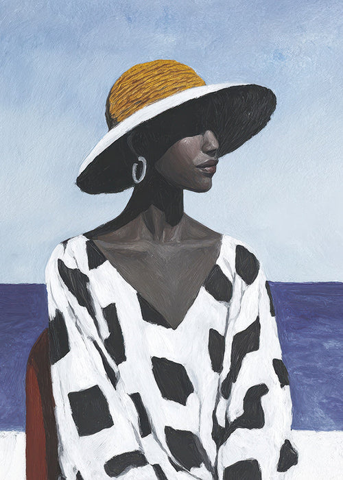 Quadro retrato feminino com chapéu junto ao mar