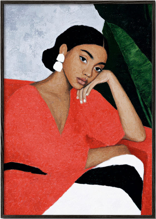 Ilustração de mulher com vestido vermelho e folha tropical – Black Frame