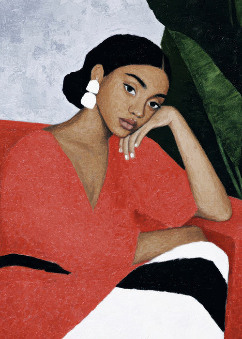 Ilustração de mulher com vestido vermelho e folha tropical