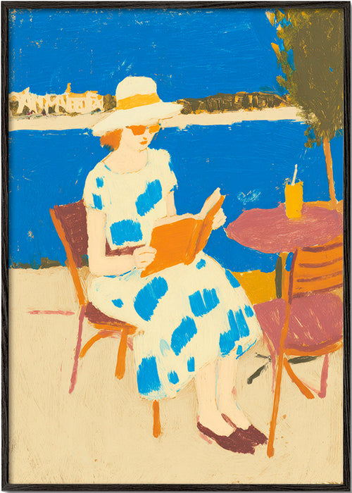 Ilustração de leitora na esplanada junto ao mar – Black Frame