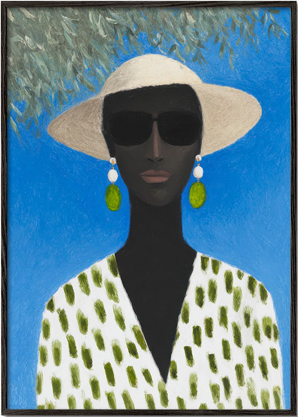 Ilustração feminina com chapéu e padrão verde – Black Frame