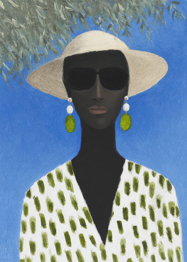 Ilustração feminina com chapéu e padrão verde