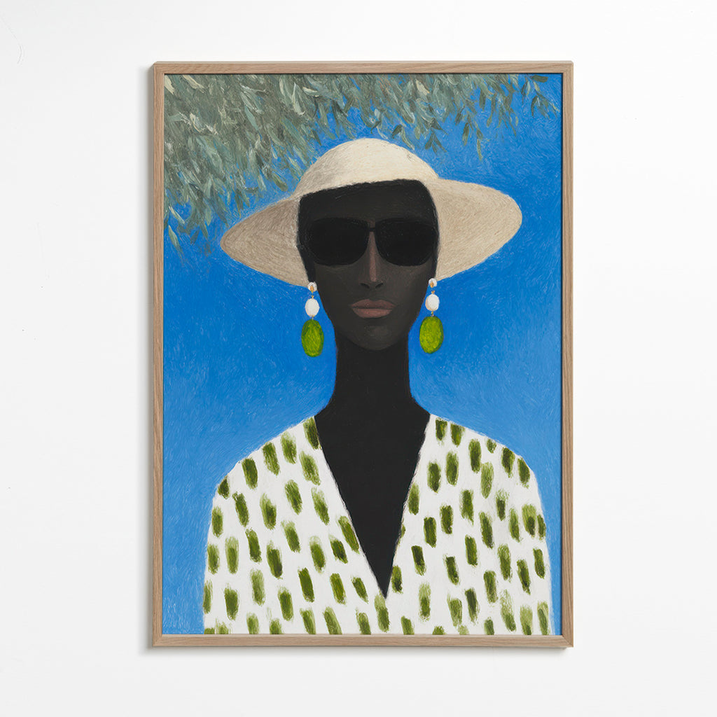 Ilustração feminina com chapéu e padrão verde – Oak Frame