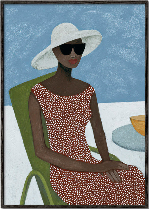 Ilustração feminina com chapéu e cadeira verde – Black Frame