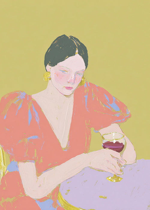 Arte para cozinha: mulher com taça em tons pastel