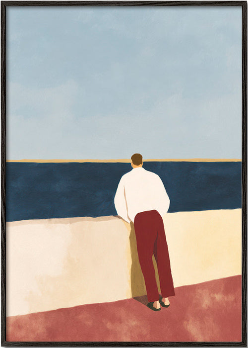 Quadro de paisagem com figura olhando o mar – Black Frame